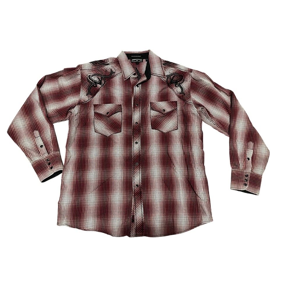 Panhandle Slim Mens Red Plaid Western Snap Shirt Tribal Embroidery Large